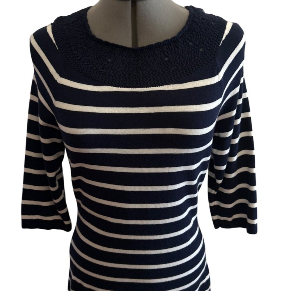 Chaps Striped Navy & White 3/4 Sleeve Knit Top Size M Cotton/Modal Blend